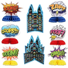 SAVITA 8pcs Hero Themed Party Decorations, Colorful 3D Tables Honeycomb Centerpieces Table Top Honeycomb Ornament for Birthday Baby Shower Party Decorations Supplies