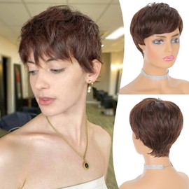 FESHFEN Pixie Cut Wigs Synthetic Short Chocolate Brown Pixie Haircut Wig with Bangs Glueless Layered Wig Wavy Wigs for Women