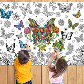 43.3x31.5 Butterfly Coloring Poster with Picture, Giant Butterfly Painting Poster, Large Coloring Tablecloth for Classroom Home Birthday Party Supplies Favor