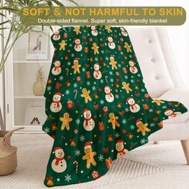 ainori Christmas Snowman Gingerbread Decorative Throw Blanket, Candy Cane Bell Print Decoration, Soft Flannel Winter Blankets for Couch Bed Sofa, Holiday Home Decor, Xmas Festival Gifts 50x60 Inch