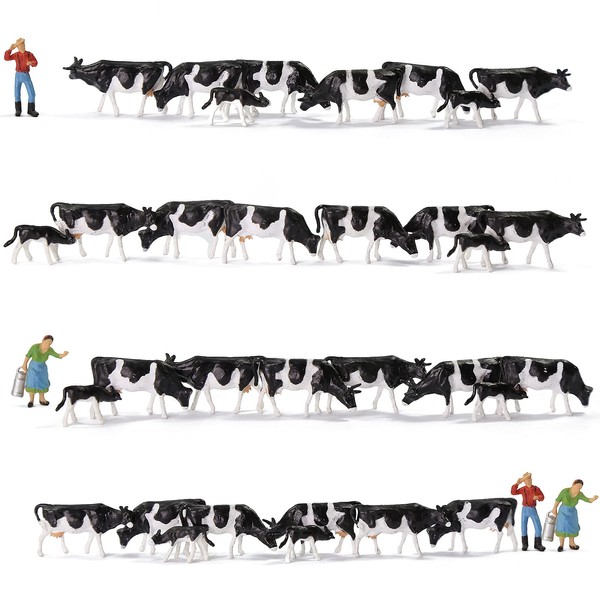 Evemodel 36pcs Model Trains Painted Herder Farm Animals HO Scale 1:87 Black White Cows