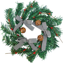 Winlyn 4 Pcs Christmas Pine Candle Rings 11.4" Mini Canadian Pine Wreaths with Berry Rusty Jingle Bell and Buffalo Plaid Bow Holiday Candle Holder Rings for Wall Kitchen Cabinets Table Centerpiece