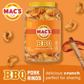Mac's BBQ Fried Pork Skins - Barbeque Flavored Chicharrones Pork Rinds - Low Carb, Gluten-Free, Keto-Friendly Snack- 7.5oz (6-Pack)