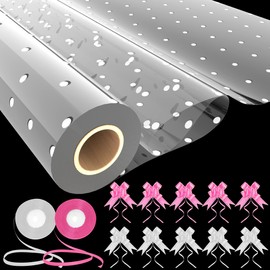 White Polka Dot Cellophane Wrap (30M x 80CM) Cellophane Roll With 10 Pull Bows and 2 Ribbons - Florist and Hamper Cellophane Wrap Roll for Gifts, Flower Bouquet, Easter Basket & Boxes