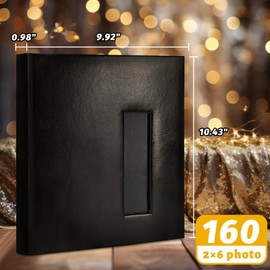 Photo Booth Album,Premium 2x6 160 photos Leather Photo Album with Writing Space,Scrapbook Album for 2x6 Photo Strips, Photo Album Book with Sleeves, Wedding Guest Book, Memory Book, Black