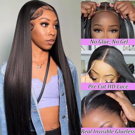 28 Inch Wear and Go Glueless Wigs Human Hair Pre Plucked Pre Cut for Beginners 13x4 HD Lace Closure Wigs Human Hair 180% Density Straight Lace Front Wigs No Glue Pre Cut 3s to Wear Glueless Wig