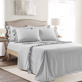Lush Decor Reyna Ruffle Sheet Set, 6 Piece Set, King, Light Gray - Soft & Comfortable Sheets With Ruffles - Classic Elegant Bed Sheet Set - Traditional, Modern Farmhouse, Glam, & Cottage Bedroom Decor