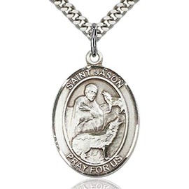 Men's Pewter Oval Saint Jason Medal + 24 inch Rhodium Plate Endless Chain| USA Made