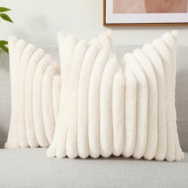 decorUhome Faux Fur Spring Throw Pillow Covers 18x18 Set of 2, Decorative Soft Plush Striped Couch Pillow Covers with Velvet Back for Sofa, Bed, Living Room, Cream White