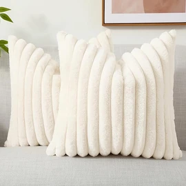 decorUhome Faux Fur Spring Throw Pillow Covers 18x18 Set of 2, Decorative Soft Plush Striped Couch Pillow Covers with Velvet Back for Sofa, Bed, Living Room, Cream White