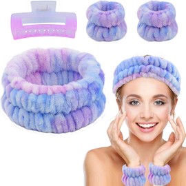 Bellisia 4 Pack Spa Headband for Face Washing Wristbands Hair Clip Makeup Headband Coral Fleece Facial Skincare Headband Elastic Facial Hairband Hair Wrap for Washing Face,Shower,Sports,Yoga Purple