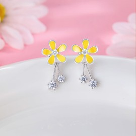Flower Earrings For Daughter, Daisy Earrings For Women, Dangle Earrings, S925 Sterling Sterling Silver (Daisy Earrings-Yellow)