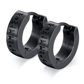 FLHEART Nordic Viking Hoop Earrings Men's Amulet Protection Jewellery Gifts Stainless Steel Men's Stud Earrings with Nordic Elder Futhark Runes, Black/Silver, 1 Pair, Metal, No Gemstone