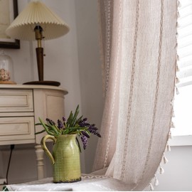 Sutuo Home Boho Curtains for Bedroom Living Room 63 Inch Length, Light Filtering French Country Farmhouse Vintage Shabby Chic Tassels Window Treatment Bohemian Drape, 1 Panel 52" W x 63" L, Taupe