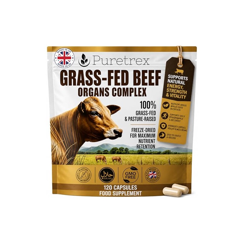 Puretrex Grass Fed Beef Organs Complex, Halal, 120 Capsules, Freeze