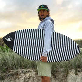 Wave Zone Surfboard or Skimboard Sock, Cotton Striped Board Cover with Drawstring, Black and White (SMALL- 42")