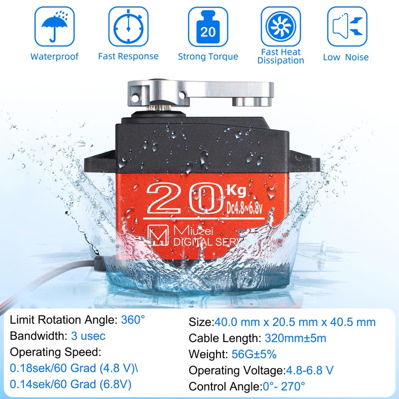Miuzei 20KG Servo Motor High Torque RC Servo Metal Gear