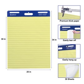Comix Sticky Easel Pad, 25 x 30 Inches, Yellow Paper with Lines, Flip Chart Paper for Teachers and Students, Large Self Stick Easel Paper, 30 Sheets/Pad, 2 Pads/Pack