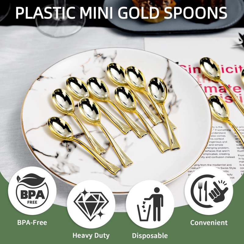 Pryntono 120PCS Gold Plastic Mini Spoons Disposable 4 inch Tasting