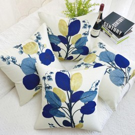 KUNQIAN Cushion Covers Outdoor Waterproof Navy Blue Leaf Cushions Throw Pillow Cover Set of 4 Home Sofa Art Decorative for Living Room Garden Linen 18 x18 inch 45x45cm