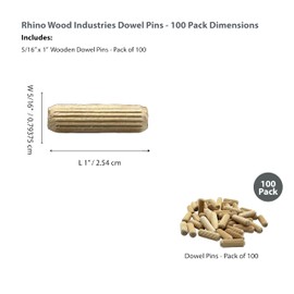 Rhino Wood Industries - 5/16" x 1" - 100 Pack Wooden Dowel Pins - Kiln Dried, Fluted, and Beveled (5/16" x 1", 100pk)