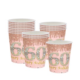 16Pcs 60th Birthday Rose Gold Paper Cups Party Decor,60th Rose Gold Women Birthday Disposable Party Paper Cups,Happy 60th Birthday Tableware Decorations for Her,Women,60th Birthday Gifts Party Supplie