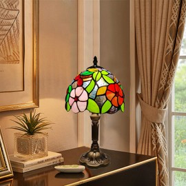 tuomoxte Tiffany Style Table Lamp, 8 Inch Small Antique Lamp, Stained Glass Lamp, Flower and Grape Pattern, for Bedside Nightstand Bedroom Living Room Home Office, Include LED Bulb