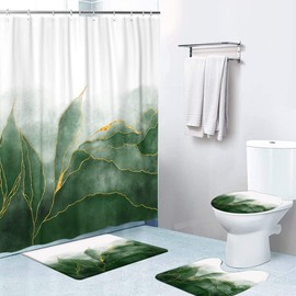 LOKMU 4 Pcs Shower Curtain Sets with Non-Slip Rugs, Toilet Lid Cover and Bath Mat,Green Paint and Golden Shiny Veins Spilled Waterproof Shower Curtain with 12 Hooks, Bathroom Decor Sets, 72"x 72"