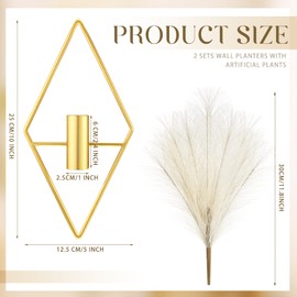 Peryiter 2 Pcs Small Boho Wall Decor Hanging Planters with Artificial Pampas Wall Mounted Metal Wall Decor Modern Home Decor Display Wall Art Bedroom Bathroom Living Room (Rhombus)