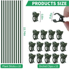 Orchid Stakes and Clips Set – 10 PCS Green Plant Support Stakes with 15PCS Plant Clips, Bendable Plant Sticks Support for Indoor/Outdoor Plants, Orchid, Rose, Peony, Single Stem Vines Flower