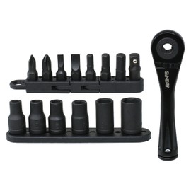 SUNDRY SDR-B02 Mini Ratchet Set, 1/4 inch (6.35 mm) Drive Size, 72 Gears, 5° Feed Angle, 7 Bits, 6 Sockets, 1 Socket Adapter