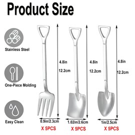 15 Pcs Silver Mini Shovel Spoons and Fork Set for Desserts Include 5 Shovel Shape 5 Pointed 5 Stainless Steel Fork Ice Cream Spoons for Home Party Kitchen Restaurant Bistro,Sliver 4.7in