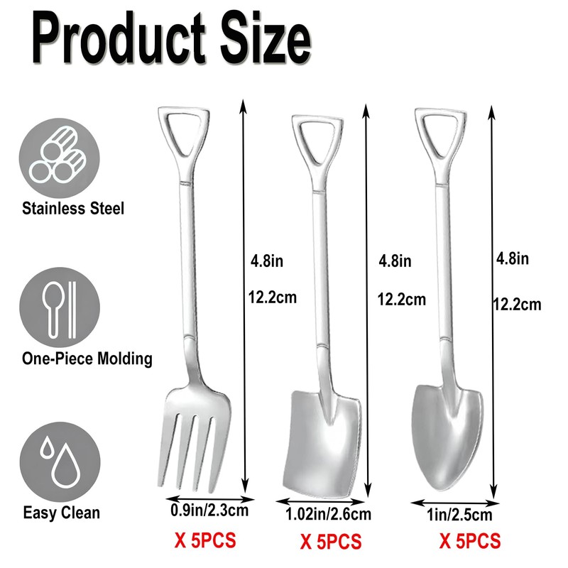 15 Pcs Silver Mini Shovel Spoons and Fork Set for