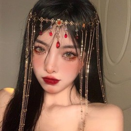 Long Tassel Veil Hairwear Crystal Women Hair Clips Sweet Forehead Chain Face Curtain Crystal Headband for Women (Gold, One size)