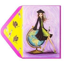 Papyrus Glitter Embellished Bella Pilar Graduation Card - Girl With Globe - Look Out World Here You Come