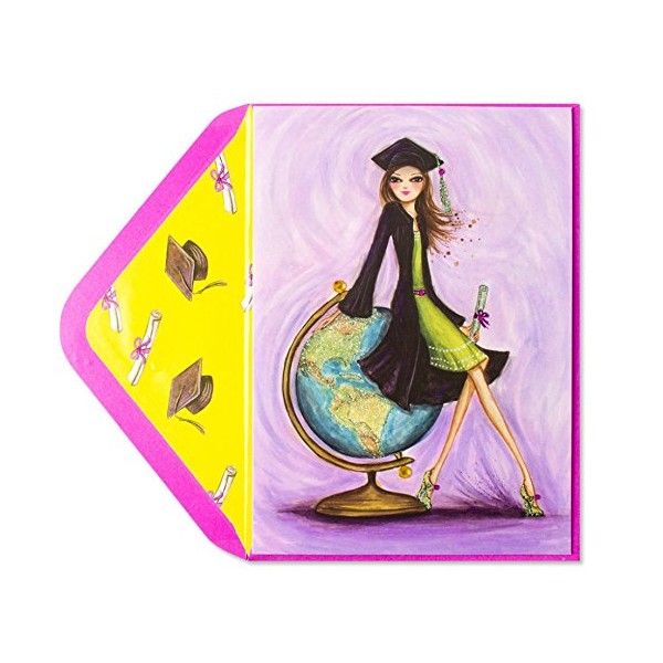 Papyrus Glitter Embellished Bella Pilar Graduation Card - Girl With Globe - Look Out World Here You Come