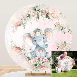 TTQYFNM 6.5x6.5ft Pink Elephant Baby Shower Round Backdrop Cover Watercolor Pastel Floral Cute Elephant Photography Background for Newborn Girls Baby Shower Birthday Party Decoration Photo Booth Props