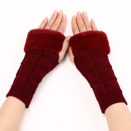 Golden Apple Women's Fingerless Gloves with Faux Fur, Knit Winter Warm Half Finger Mitten Wrist Warmer (WineRed, L)