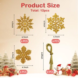 Bliceon 12PCS Gold Glitter Snowflake Ornaments for Christmas, Festive Hanging Decorations for Tree, Home, and Holiday Decor, Seasonal Gift and Party Accessories