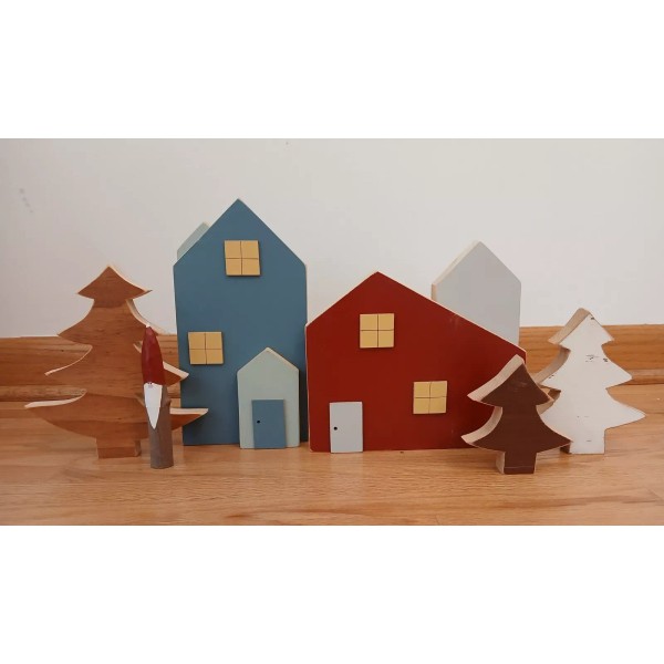 Handcrafted Christmas Village Scene Handcrafted Wooden Nordic Scandinavian Folk Gnome