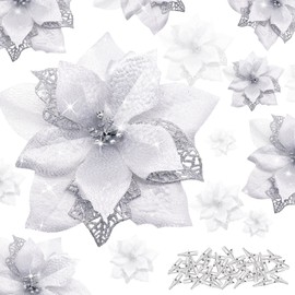 YSUVIN Pack of 25 Christmas Flowers, Christmas Flowers with 25 Clips, Poinsettia Ornaments, Glitter Christmas Tree Decorations, Suitable for Christmas, Wedding, Party, New Year, Silver