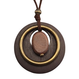 GelConnie Boho Pendant Necklace Chunky Bohemian Necklace Brown Circle Necklace Wooden Boho Long Necklace Circle Leather Pendant for Women