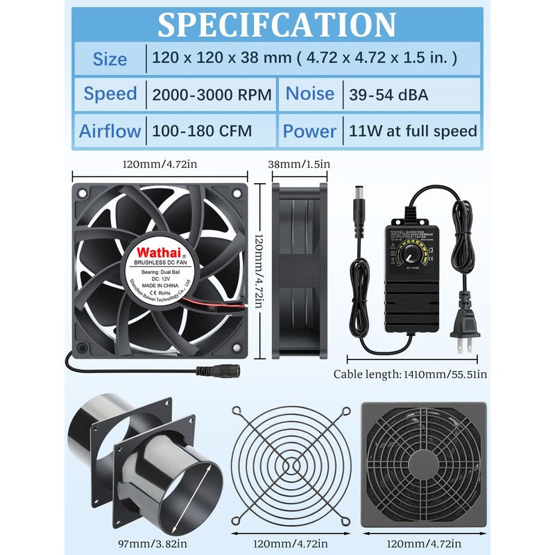 Wathai 120mm x 38mm 4 Inch Small Exhaust Fan 12V