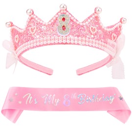 Chanaco 8th Birthday decorations Pearl Birthday Crown for 8 Year Old Girls 8th Birthday Sash and Tiara Outfit Pink Glitter Heart Headband Hair Accessories Cute Bow Headpieces for Party