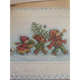 Vtg Christmas Card Unused Heavy Glitter Children Snow Tree Blue Bird W/Env