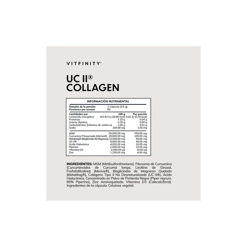 Vitfinity Collagen Fórmula Colágeno Tipo Curcumina Meriva Magnesio Metamag Liberación