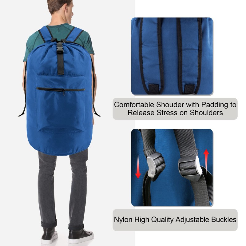 BeeGreen Laundry-Bag-Backpack-Heavy-Duty, Royal Blue Nylon Drawstring Portable Laundry Backpack Tall