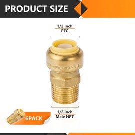 HeSun 6-Pack Pushfit Male Adapter, 1/2" MNPT x 1/2" Push to Connect Plumbing Fittings with Disconnect Clip, Brass Push-fit Fittings for PEX, Copper, CPVC, PE-RT Pipes