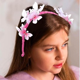 Yalice Flower Girl Butterfly Headband Birthday Girls Pearl Hair Accessories Princess Ornament Headpieces Crown Fairy Bridal Hair Band for Women (Pink, One Size)