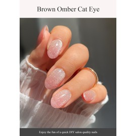 AutyaMee Semi Cured Gel Nail Strips (Brown Omber Cat Eye)-20 PCS Gel Nail Wraps | Gel Nail Stickers, Salon Quality & Easy to Use | UV Light Required